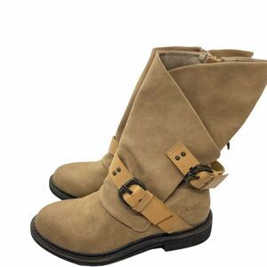 Blowfish Biker Steampunk Boots Buckle Tan Faux Leather Round Toe Mid Calf SZ 6.5